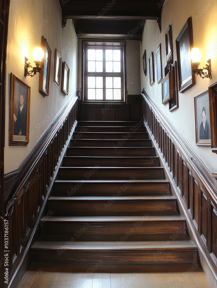 Obraz premium Wooden staircase leading up to a window, framed by portraits and vintage lighting, creating a classic, elegant interior.
