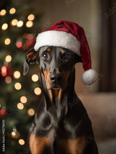 portrait of Doberman Pinscherdog wearing a Santa hat photo