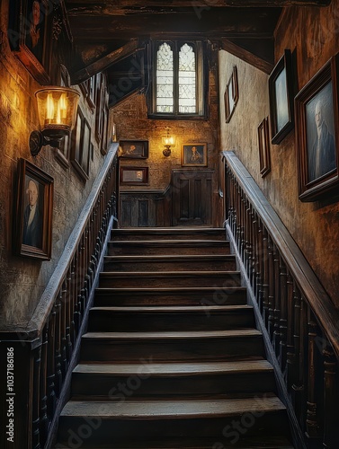  Narrow university staircase in an older campus section, featuring wrought-iron railings and creaky wooden steps. Rustic and full of character.