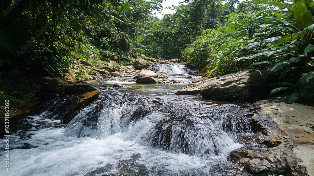 Fototapeta premium A rushing river cascading over rocks, surrounded by vibrant greenery.