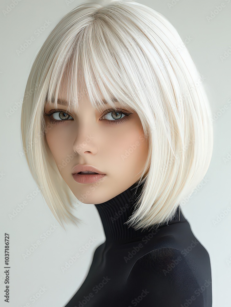 Portrait of young woman with sleek platinum blonde bob and soft features, highlighting her striking look and modern style. Portrait of young woman with sleek platinum blonde bob and soft features, highlighting her striking look and modern style.