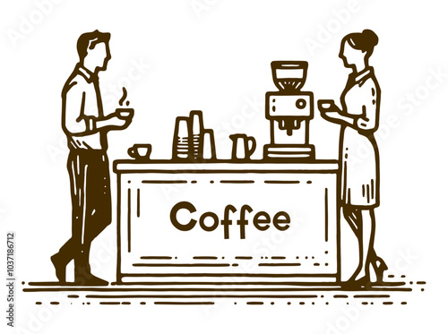 doodle of two people standing near coffee bar holding cups of coffee, person in a cafe