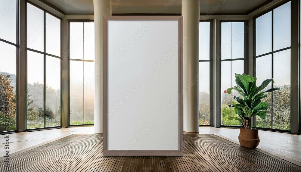 Blank vertical poster mockup in bright modern indoor space with large windows. Blank vertical poster mockup in bright modern indoor space with large windows.