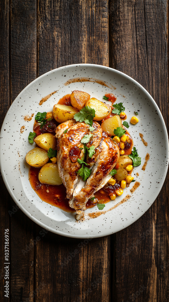 Plate of roasted chicken breast with potatoes, corn, and herbs, topped with a savory sauce Plate of roasted chicken breast with potatoes, corn, and herbs, topped with a savory sauce