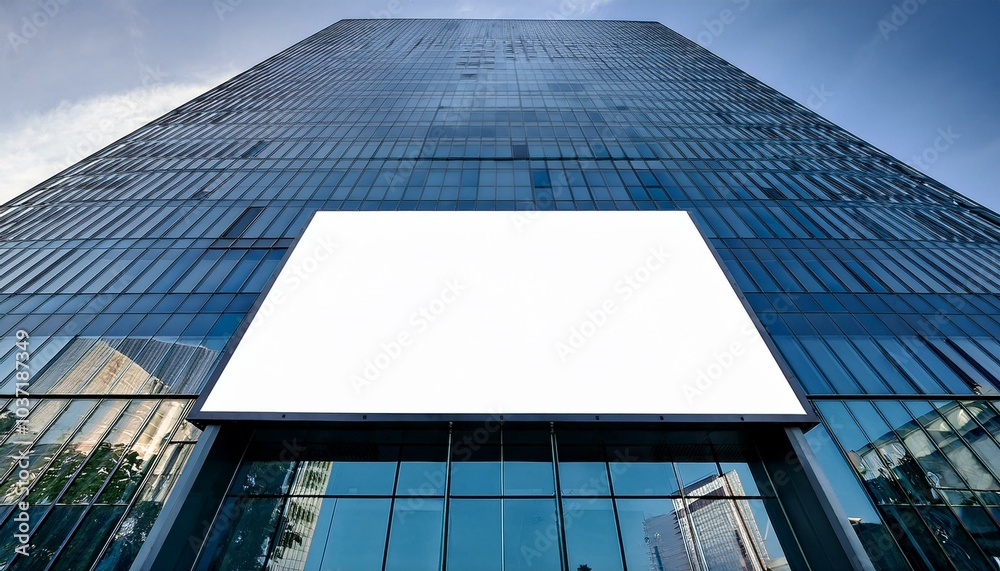 Obraz premium Blank white billboard on modern glass building, ready for custom design or advertisement.