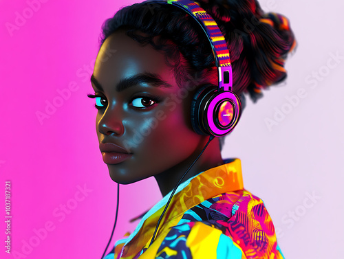 Wallpaper Mural Futuristic female wearing headphone in vibrant color tone Torontodigital.ca
