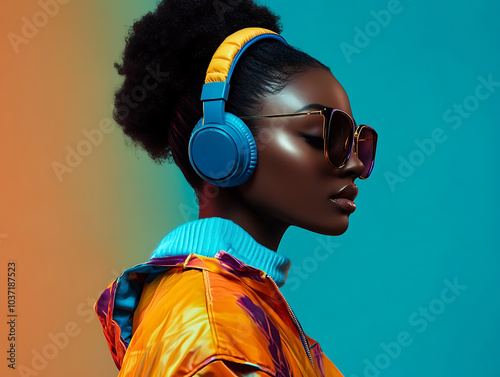 Wallpaper Mural Futuristic female wearing headphone in vibrant color tone Torontodigital.ca