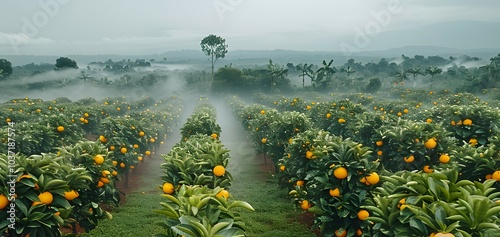 5 Aerial view of beautiful orange trees on hills and mountains in clouds