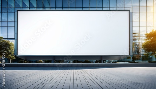 Blank white billboard on modern glass building, ready for custom design or advertisement.