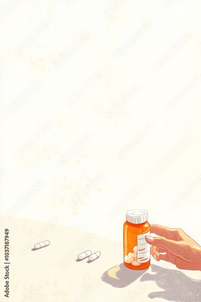 A hand holding a pill bottle with pills scattered on a surface. A hand holding a pill bottle with pills scattered on a surface.