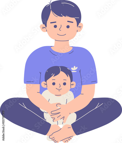 Father holding his baby, both smiling, simple illustration