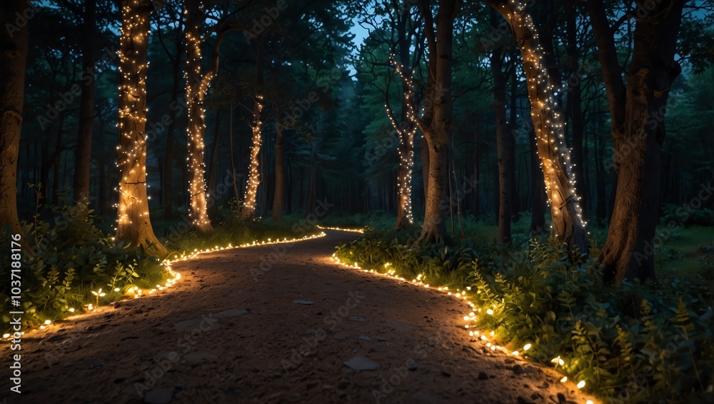 Obraz premium Twinkling lights outline the path.