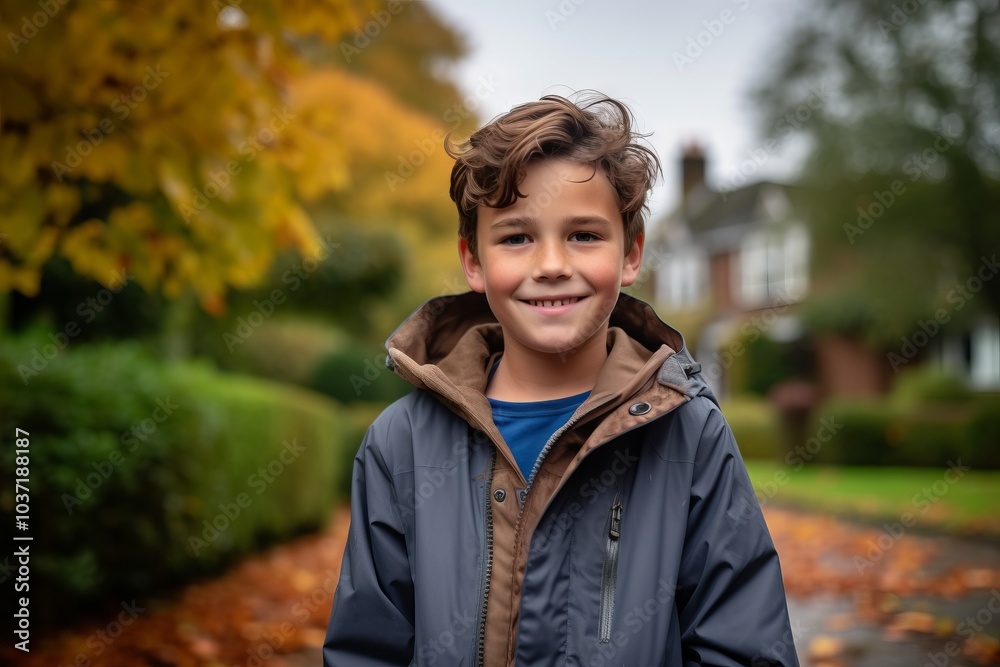 Portrait of a smiling boy in a raincoat in autumn park Portrait of a smiling boy in a raincoat in autumn park