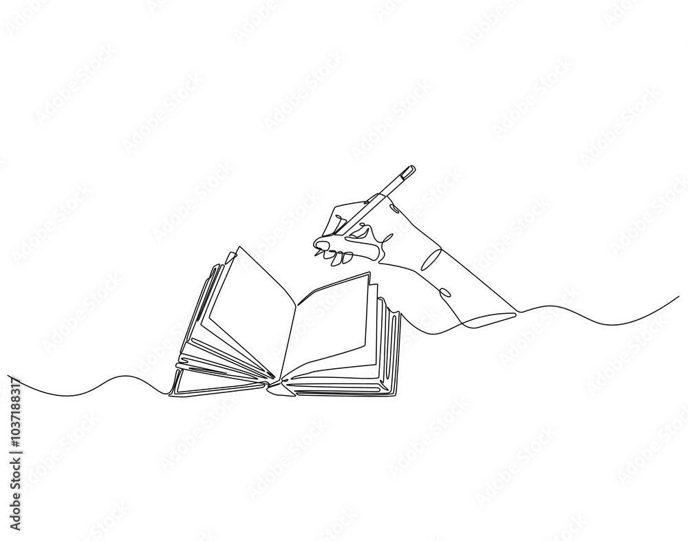 Continuous one line drawing of hand writing in book. One line drawing illustration of world literacy day. Writer, Education, Study concept line art. Editable outline Continuous one line drawing of hand writing in book. One line drawing illustration of world literacy day. Writer, Education, Study concept line art. Editable outline