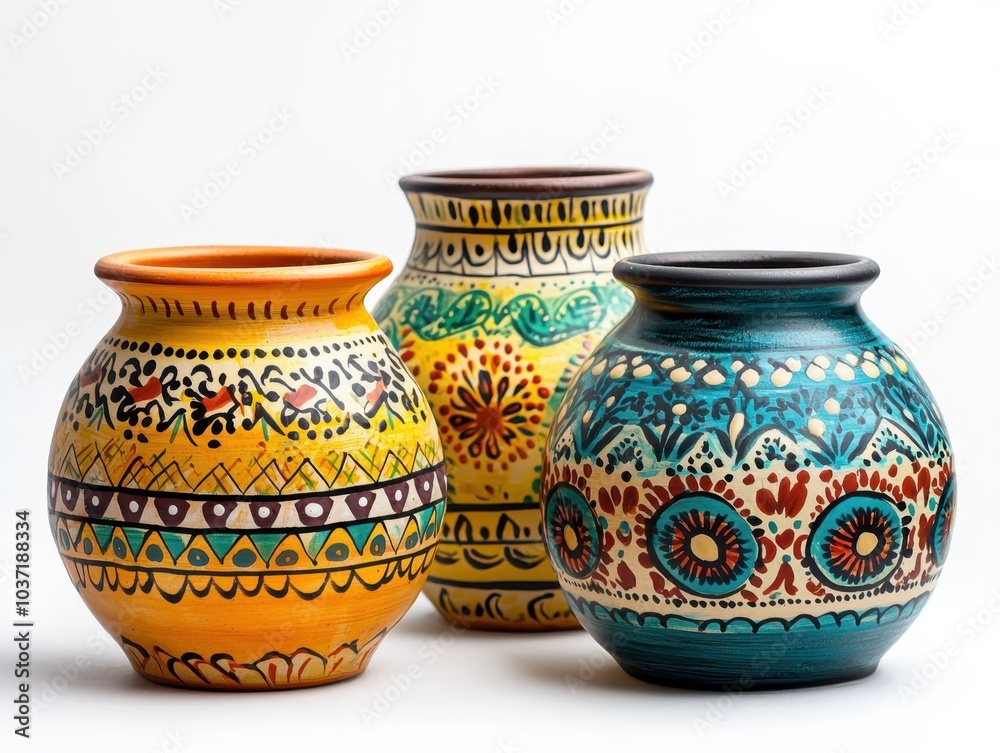 Three vibrantly painted ceramic pots with intricate patterns, showcasing traditional artistry in colorful designs on a white background.