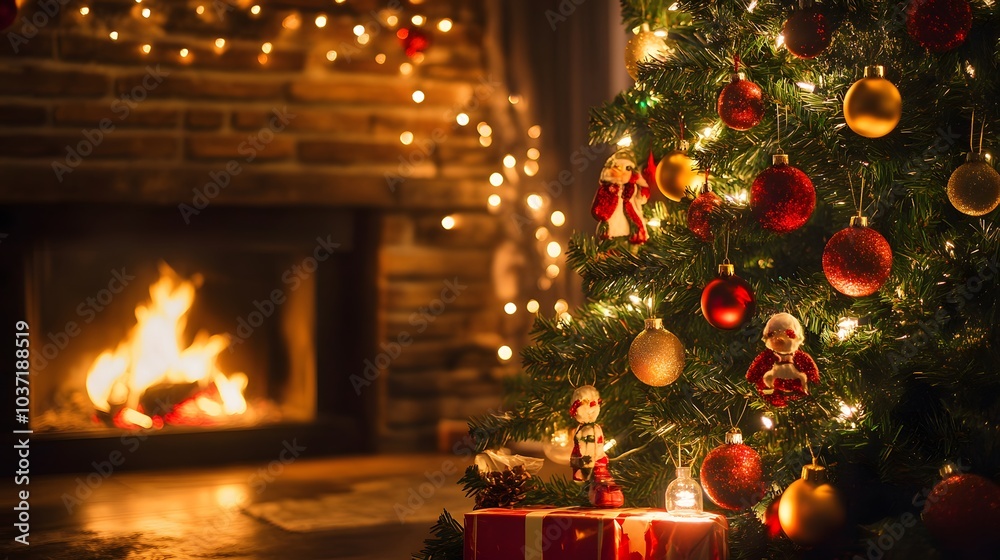 Decorated Christmas Tree with Ornaments and Lights Near a Fireplace Decorated Christmas Tree with Ornaments and Lights Near a Fireplace