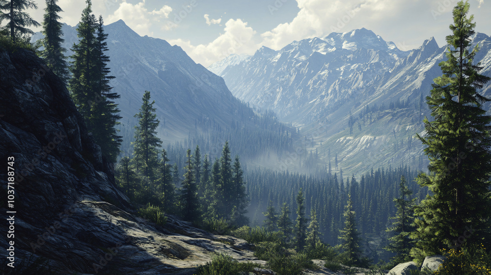 A rugged mountain landscape featuring hardy coniferous trees adapted to harsh conditions. A rugged mountain landscape featuring hardy coniferous trees adapted to harsh conditions.