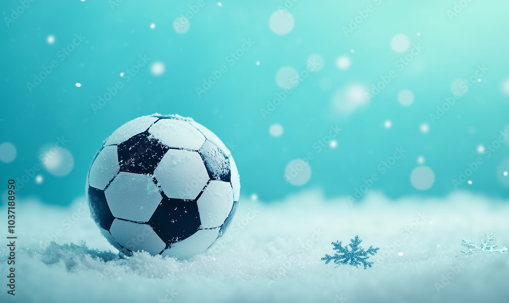 Fototapeta premium Soccer ball on New Year and Christmas winter decorations on blue light background, football, generated ai 