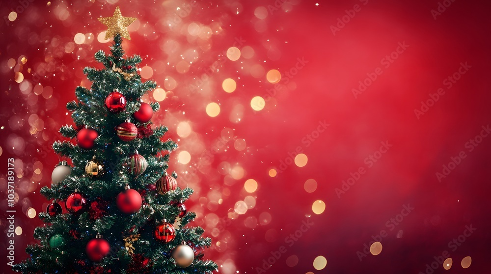 Decorated Christmas Tree with Red Ornaments and Star on Top Against a Red Background with Blurred Lights Decorated Christmas Tree with Red Ornaments and Star on Top Against a Red Background with Blurred Lights