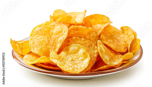 Plate of potato chips is on a white background. The chips are golden and crispy, and they are piled high on the plate. Concept of indulgence and enjoyment