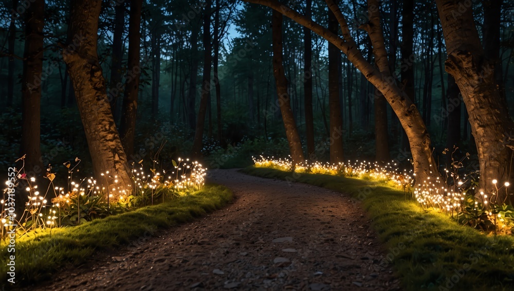 Obraz premium Tiny lights line the path and ground.