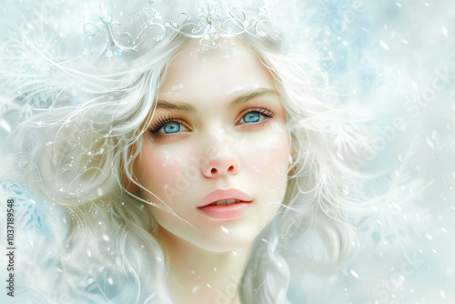 Illustrated portrait of a beautiful, attractive icy snow queen from imagination and dreams. A blonde young woman with an ice crown, white soft snow in the background