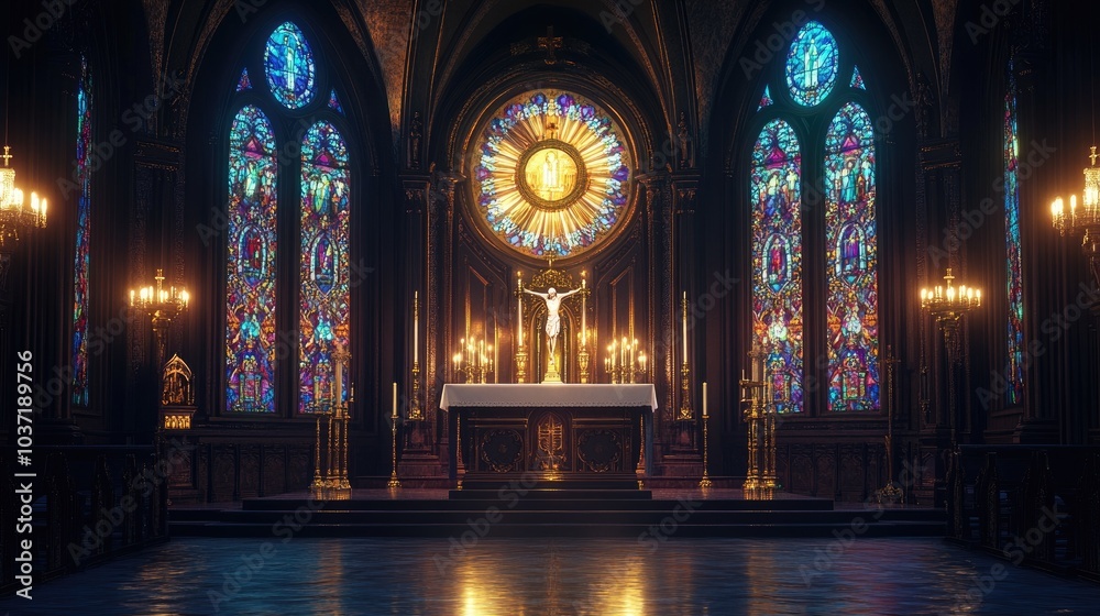 Fototapeta premium A beautiful church altar with a radiant monstrance, glowing candles, and a chalice, set beneath stained glass windows casting soft colors