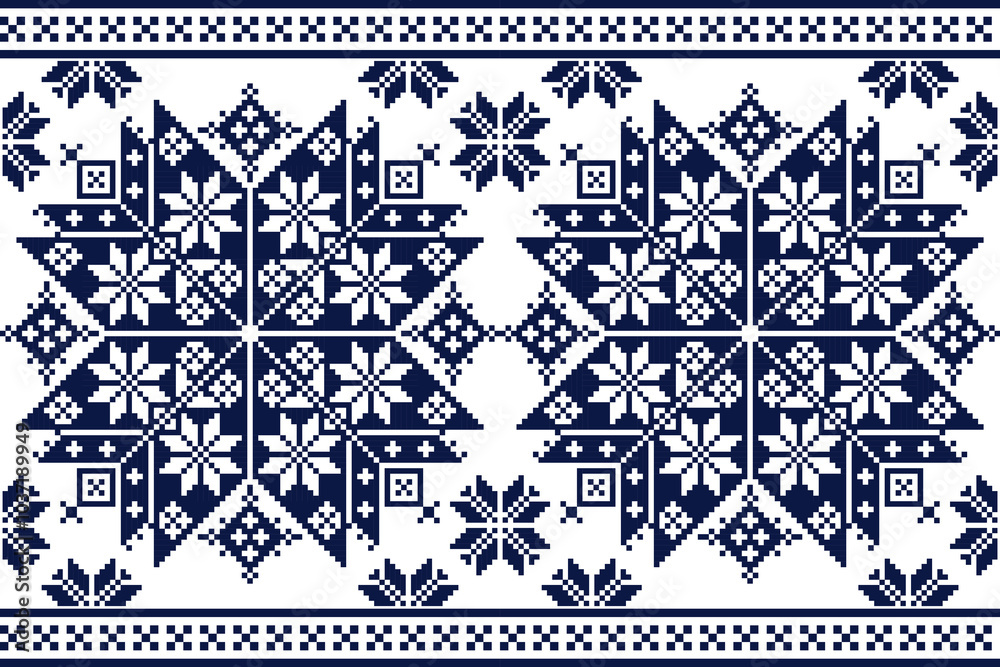 Fototapeta premium Pixel art embroidery pattern in blue and white colors.Repeating ukraine geometric pattern design with snowflakes, squares, and diamonds.Symmetrical and Clean.For use as background, wallpaper, textile.