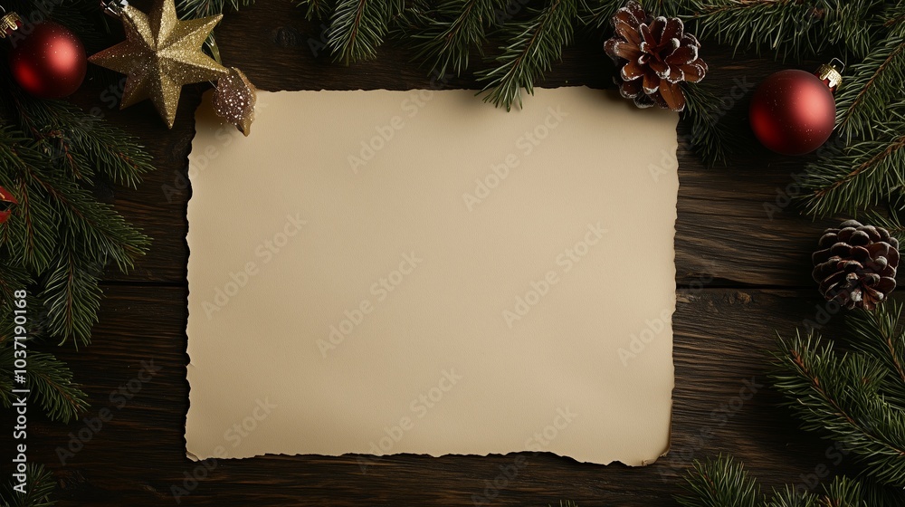 Fototapeta premium An empty letter paper with Christmas decorations around.