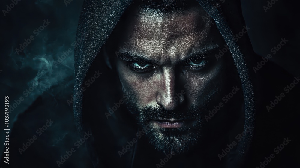 Mysterious hooded figure with intense gaze in a dark, moody setting. Captures enigmatic allure and deep emotion. Mysterious hooded figure with intense gaze in a dark, moody setting. Captures enigmatic allure and deep emotion.