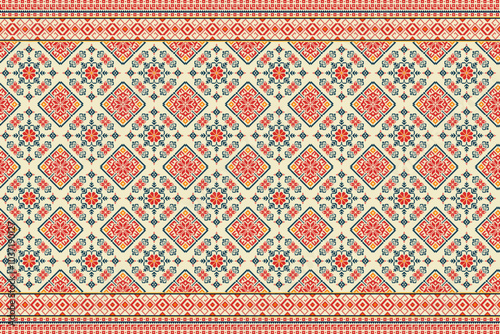 Vibrant pixel art floral burst ethnic pattern with geometric details. Red, blue, and yellow motifs on cream background. Ideal for textiles, wallpaper, carpet, fabric, scarf.