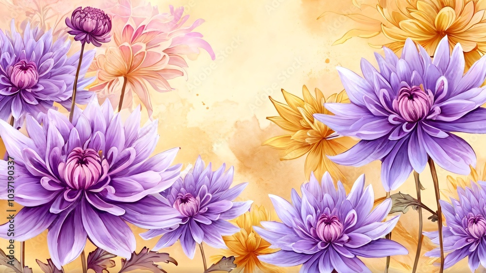 Obraz premium Vibrant floral composition with lilac and yellow flowers on pastel watercolor background