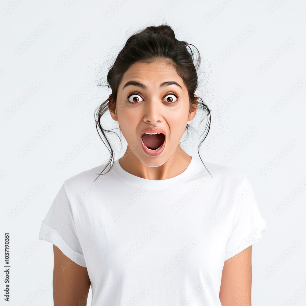 indian woman, surprised and happy, white t-shirt, white background indian woman, surprised and happy, white t-shirt, white background