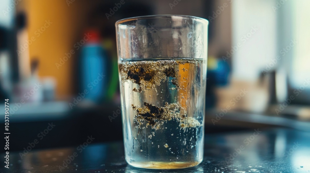 A glass filled with visibly dirty, contaminated water, teeming with harmful bacteria and viruses, highlighting unsafe water sources A glass filled with visibly dirty, contaminated water, teeming with harmful bacteria and viruses, highlighting unsafe water sources