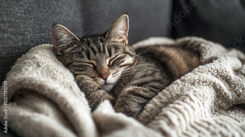 Sleeping Tabby Cat On A Blanket
