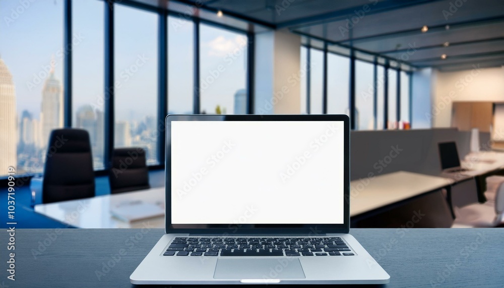 Fototapeta premium Close up of creative wide designer desk with empty white laptop and blurry office in the background. Mock up, 3D Rendering.