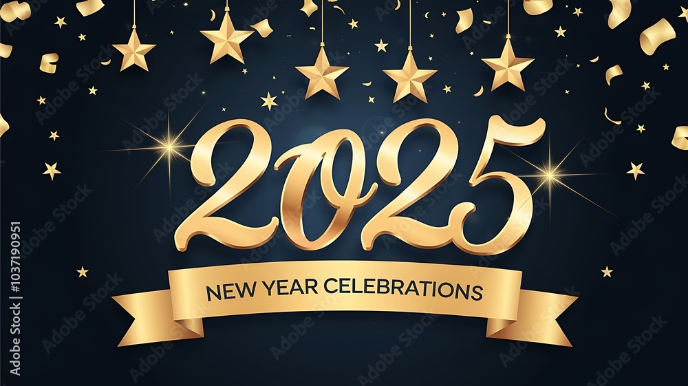 Golden 2025 New Year Celebration Banner with Stars and Confetti Golden 2025 New Year Celebration Banner with Stars and Confetti