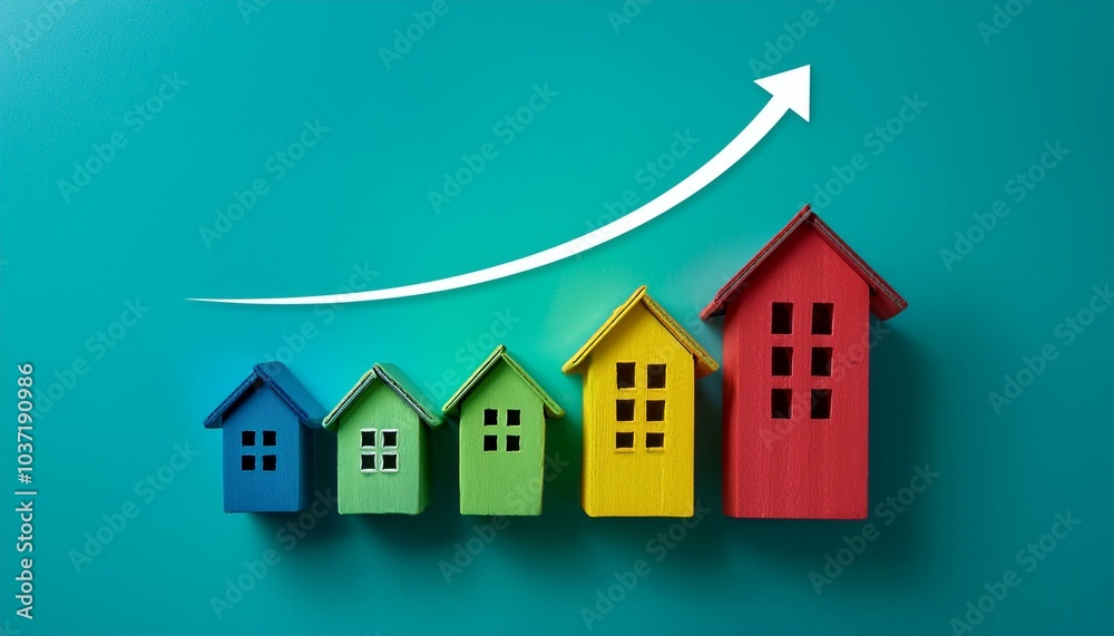 Colorful miniature houses with an upward trending arrow on a turquoise background, symbolizing real estate growth and market trends. Colorful miniature houses with an upward trending arrow on a turquoise background, symbolizing real estate growth and market trends.