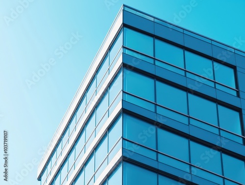 Modern glass office building against clear sky, showcasing minimalist architectural design and contemporary urban aesthetics.