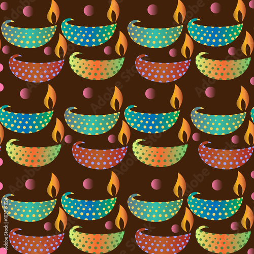 Diwali seamless pattern with Colorful Diya on a maroon background. Diwali India light festival wallpaper  Deepawali background. design for greeting cards, wall décor, invitation and all textiles print photo