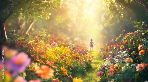 A vibrant garden pathway filled with colorful flowers under a bright forest, leading a child into daylight.