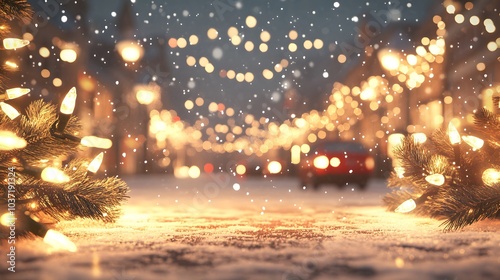 Out-of-focus golden bokeh lights in a city street at night, with car headlights illuminating the festive, wintry atmosphere..