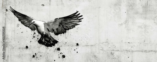 Abstract black and white art of a pigeon with splattered ink effect, symbolizing freedom and movement against a textured concrete background. photo