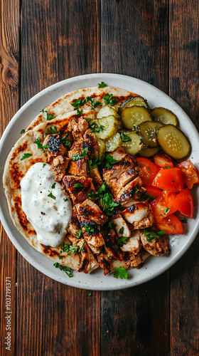 Delicious chicken shawarma plate is sitting on a rustic wooden table, featuring fresh vegetables and creamy sauce