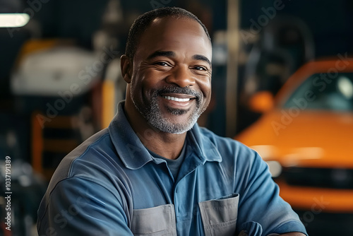 Smiling portrait of a middle aged African American car mechanic in workshop