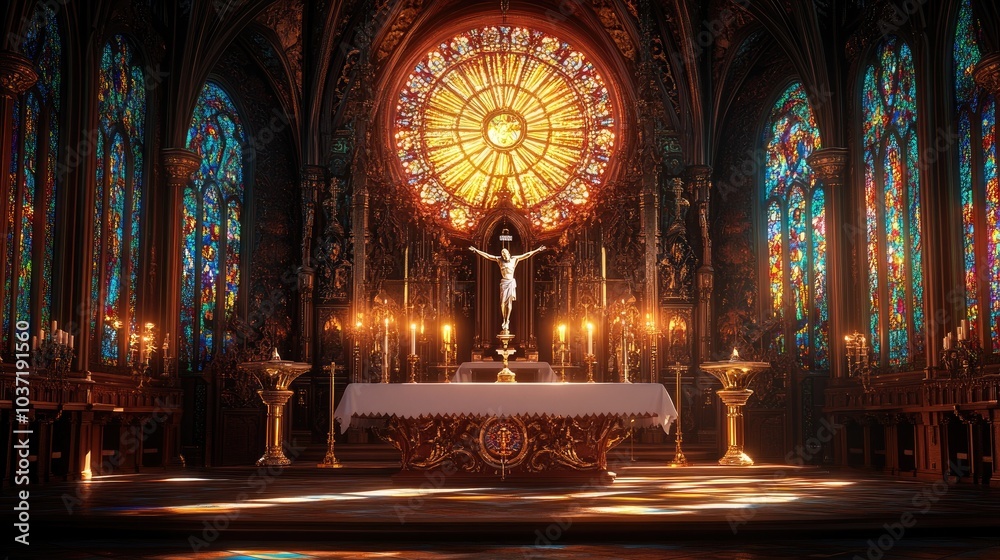 Obraz premium A sacred altar scene with a luminous monstrance, candles, and chalice, under a canopy of stained glass colors in a peaceful church setting