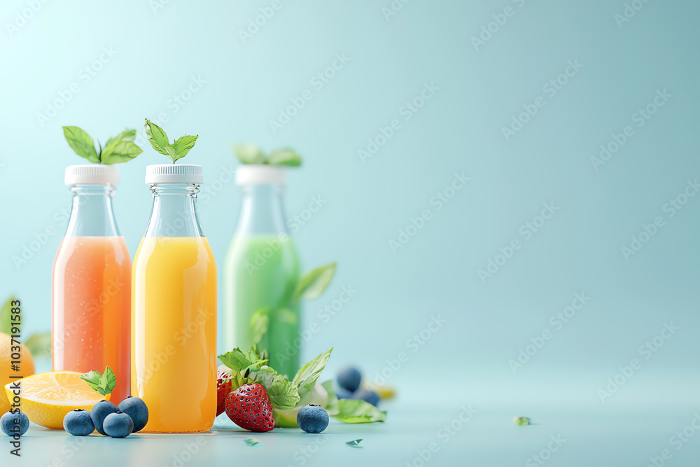 Refreshing bottled fruit juices in a bright and inviting setting for healthy living enthusiasts Refreshing bottled fruit juices in a bright and inviting setting for healthy living enthusiasts