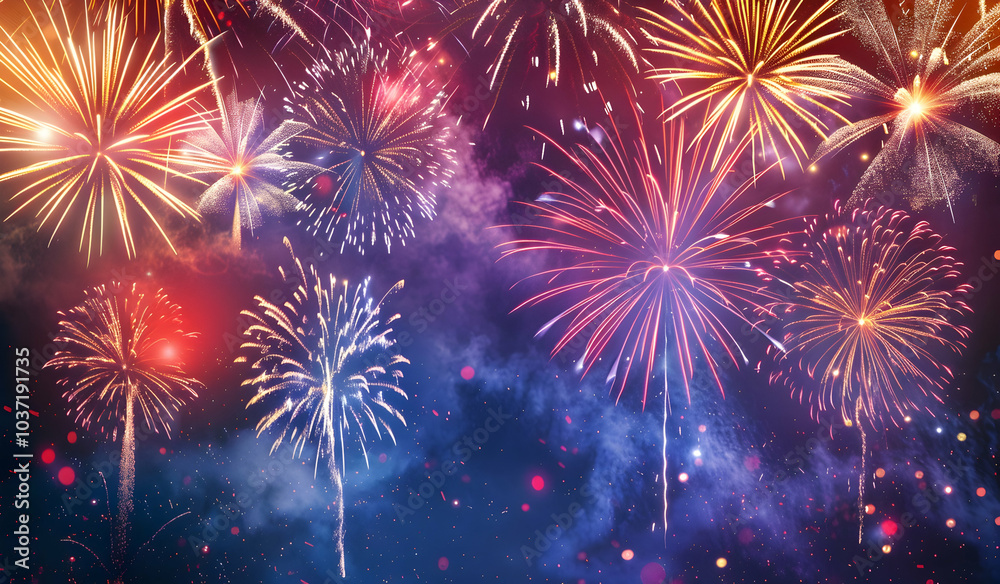 Naklejka premium New Year, colorful fireworks on a dark background, a panoramic banner with a copy space area. 