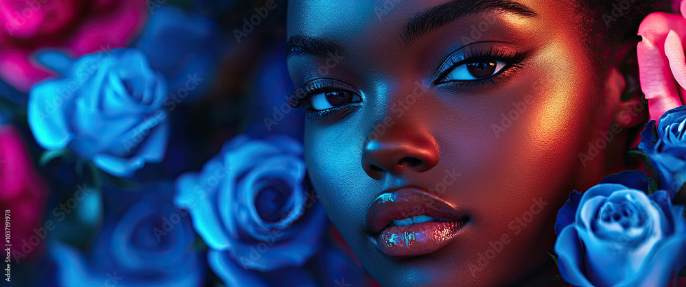 Beautiful woman with blue roses on a colorful background, a skin care and beauty concept, with space for text