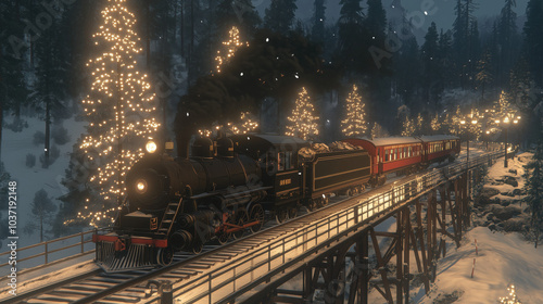 Train station with North Pole Christmas Santa express train awaiting for children, snowing outside with stream and Christmas lights and spirits, beautiful night, full of joy, magical moment, holidays photo